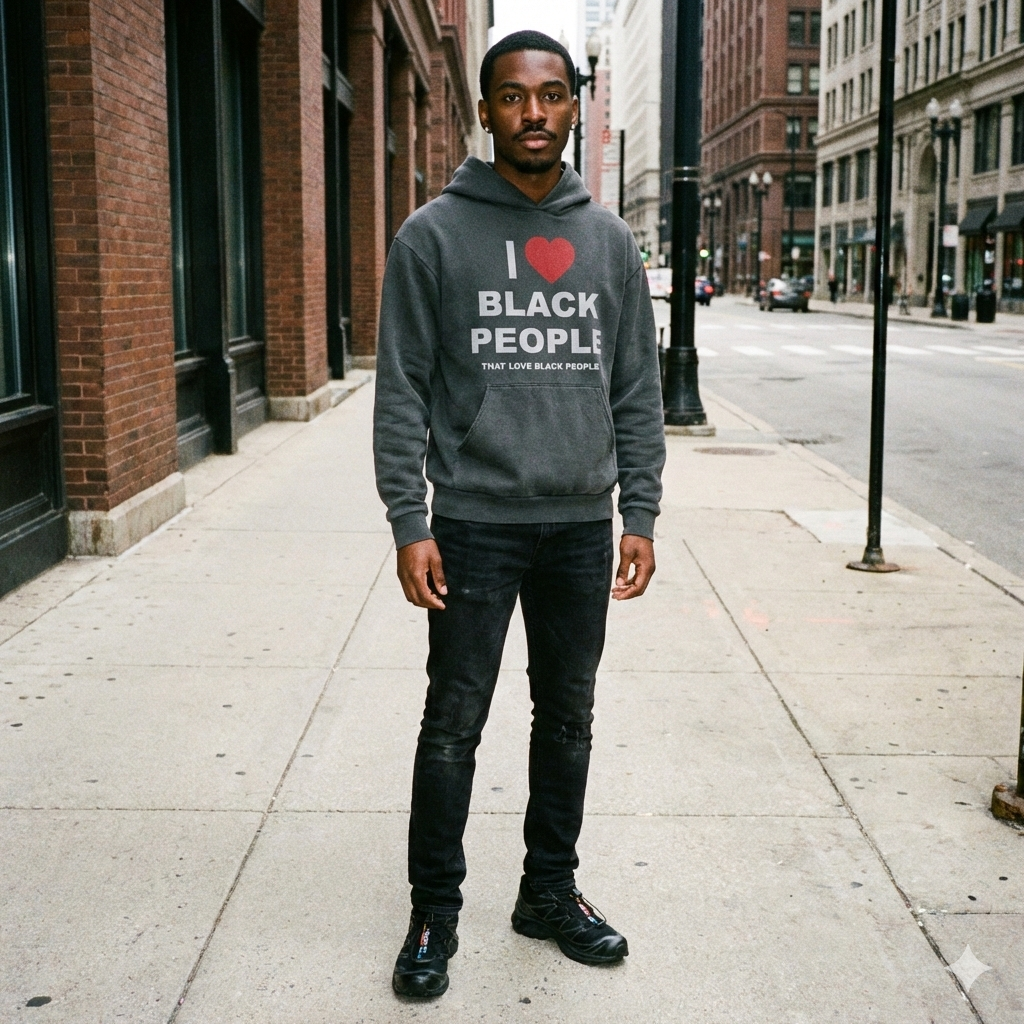 Black man wearing a hoodie with a message 'I Love Black People That Love Black People' 